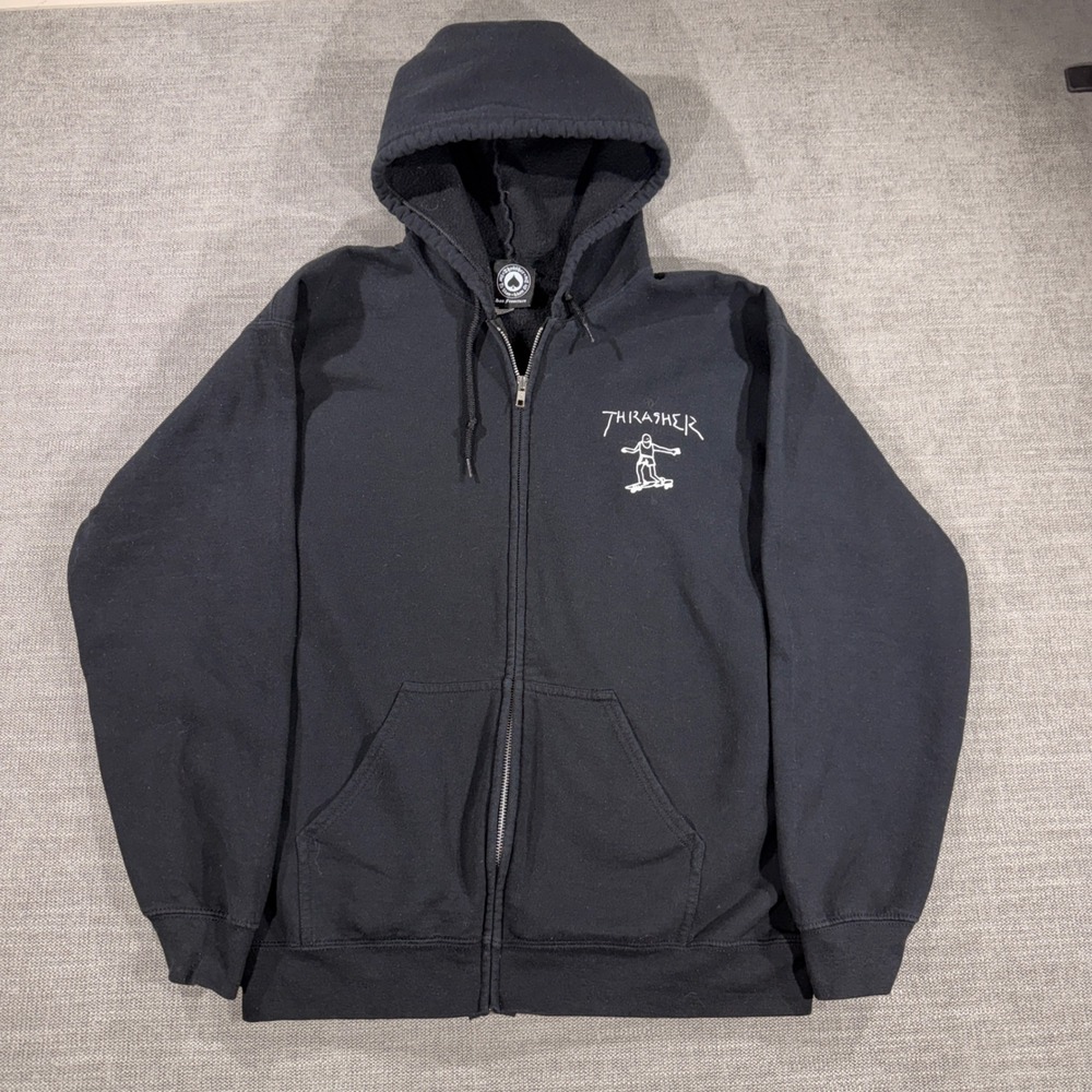 Thrasher Zip Up Hoodie Mens Medium Black Good Skate Graphic Sweatshirt